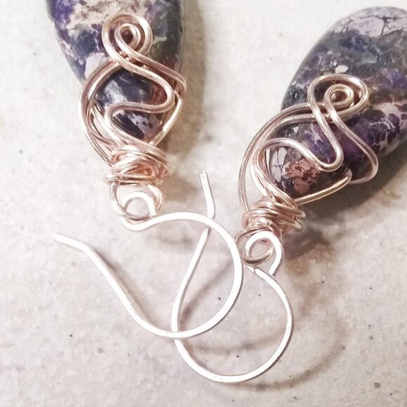 Wire Wrapped Beauties! Purple & Plum Sea Sediment Jasper Teardrop + Rose Gold - Picture 8 of 11